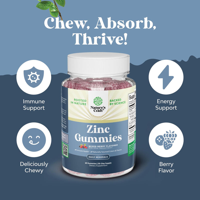 Extra Strength Zinc Gummies for Adults - Chewable Zinc Supplements for Women & Men for Energy & Immune Support - Vitamins & Mineral Supplements - 60 Count Mixed Berry 60 Count (Pack of 1)