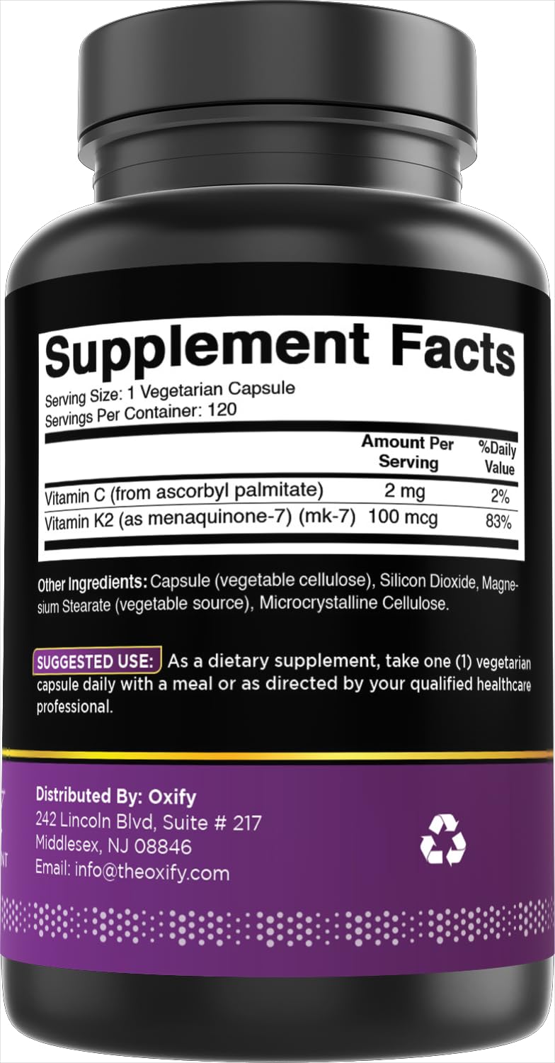 Oxify MK-7 Vitamin K2 100 mcg | 120 Vegetarian Capsules | Gluten-Free, Non-GMO | Supplement Made in USA