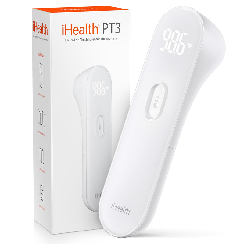 iHealth No-Touch Forehead Thermometer for Adults, Kids, Babies - 1s Fast Accurate, 3 Ultra-Sensitive Sensors, Quiet Vibration Feedback, Digital Large LED Digits, Easy to Use for Home & Nurses, PT3 White - BeesActive Australia