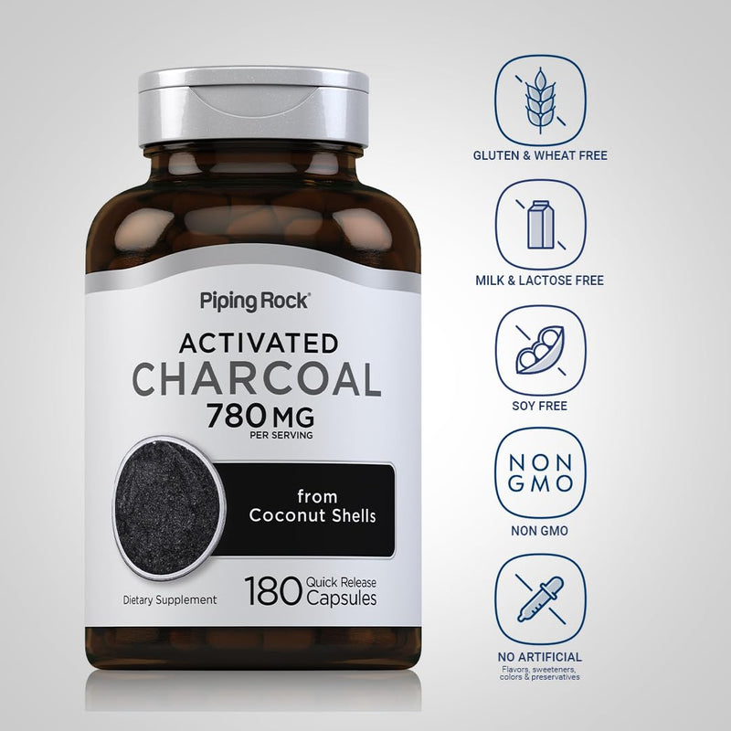 Piping Rock Activated Charcoal Pills | 780 mg | 180 Capsules | from Coconut Shells | Non-GMO, Gluten Free Supplement 180 Count (Pack of 1) - BeesActive Australia