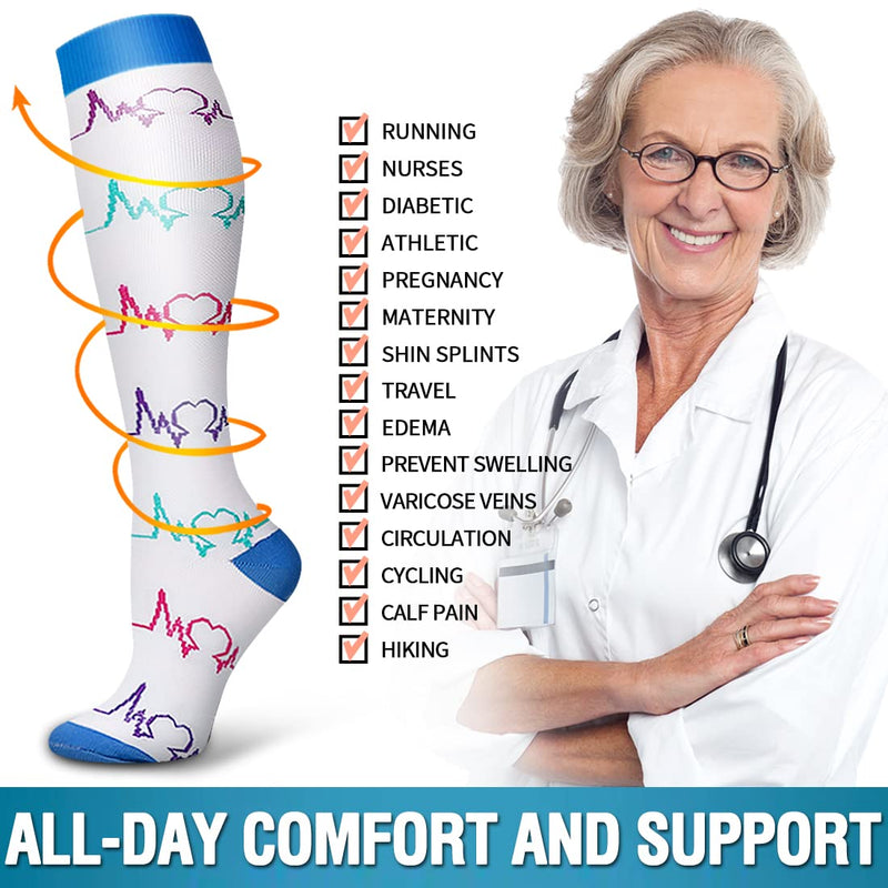 6 Pack Copper Compression Socks for Women and Men Circulation-Best Support for Medical,Running,Nursing,Athletic Large-X-Large C-white+blue