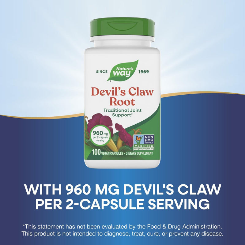 Nature’s Way Devil's Claw Root, Traditional Joint Support*, 960 mg per 2-Capsule Serving, Gluten-Free, Non-GMO Project Verified, 100 Vegan Capsules (Packaging May Vary)