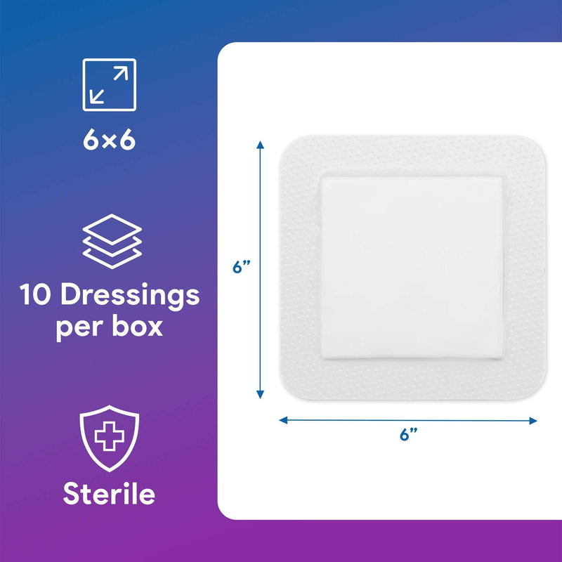 Bordered Foam Silver Dressings for Wound Care 6"x6" - 10 Ag Foam Dressings for Moderate to Heavy Wound Exudate - Highly Absorbent and Water Resistant 6"x6"