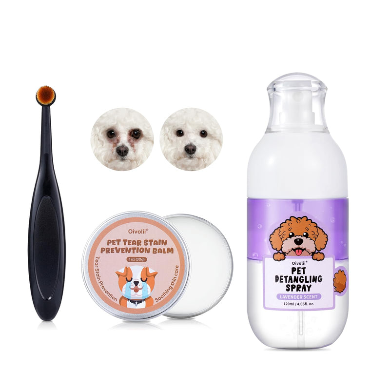 Pet Tear Stain Remover Balm with Pro Powder Brush,Dog Detangler Spray Dematting