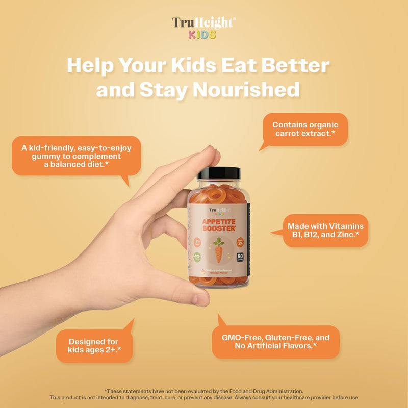 TruHeight Kids Appetite Booster Gummies (Orange, Ages 2+) All Natural Toddler & Kids Appetite Stimulant to Eat More - Weight Gain Supplements - Vitamins for Underweight Children - Picky Eater Vitamin 60 Count (Pack of 2)