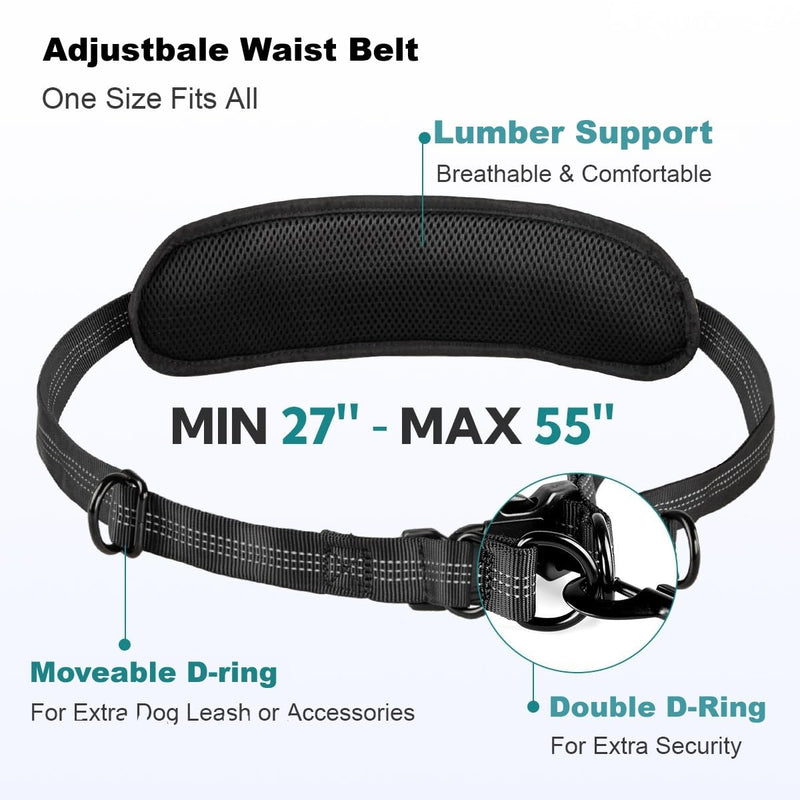 Hands Free Dog Leash with Pouch, Dual Attachment for Two Dogs, Retractable Bungee with Double Padded Handles, Waist-Mounted for Running,Walking, Jogging Friendly Dog Accessories (Black/Silver Gray) Black/Silver Gray