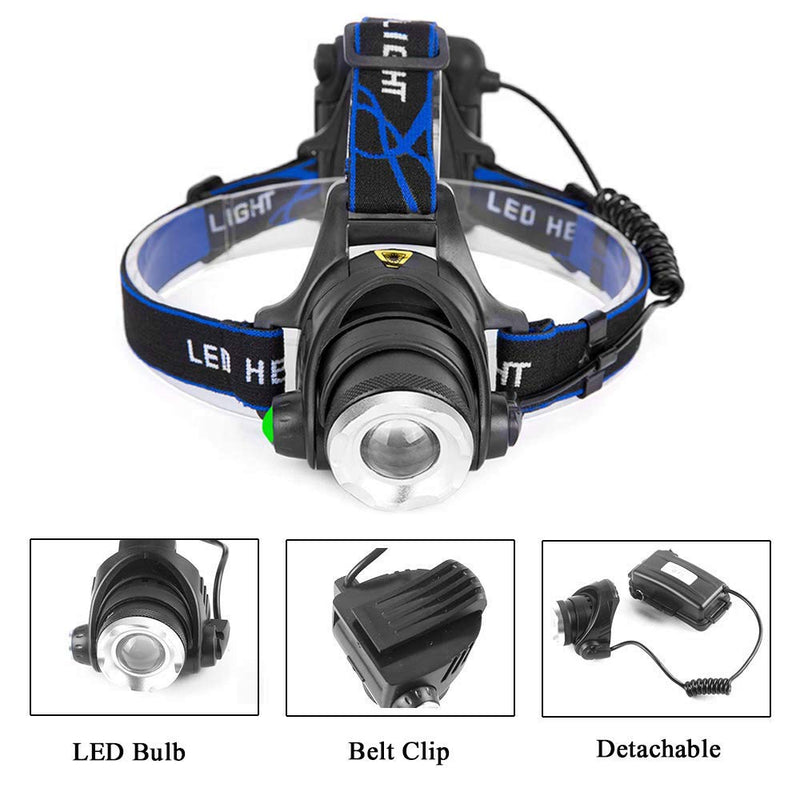 Blue LED Headlamp Flashlight Water Resistant Zoomable 3 Modes Blue Head Lamp for Fishing Hunting Outdoor Activities