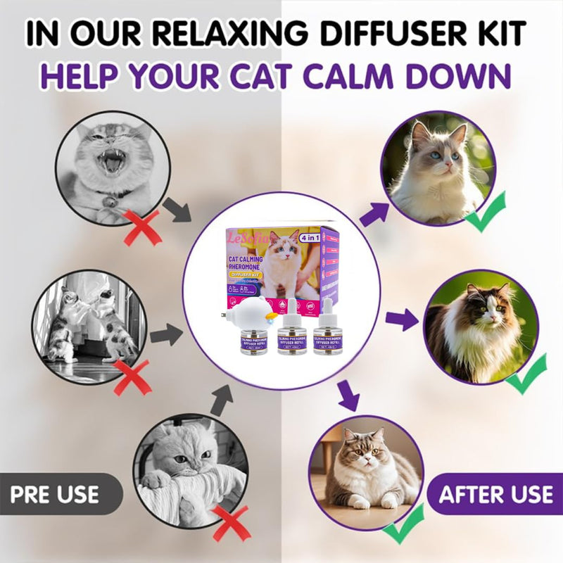 Cat Pheromones Calming Diffuser, 90-Day Cat Calming Diffuser - 1 Diffuser & 3 Refills Top Advantageous Kit Cat Calming Diffuser – Helps Reduce Scratching,Peeing,Hiding Urine,Marking Aggression