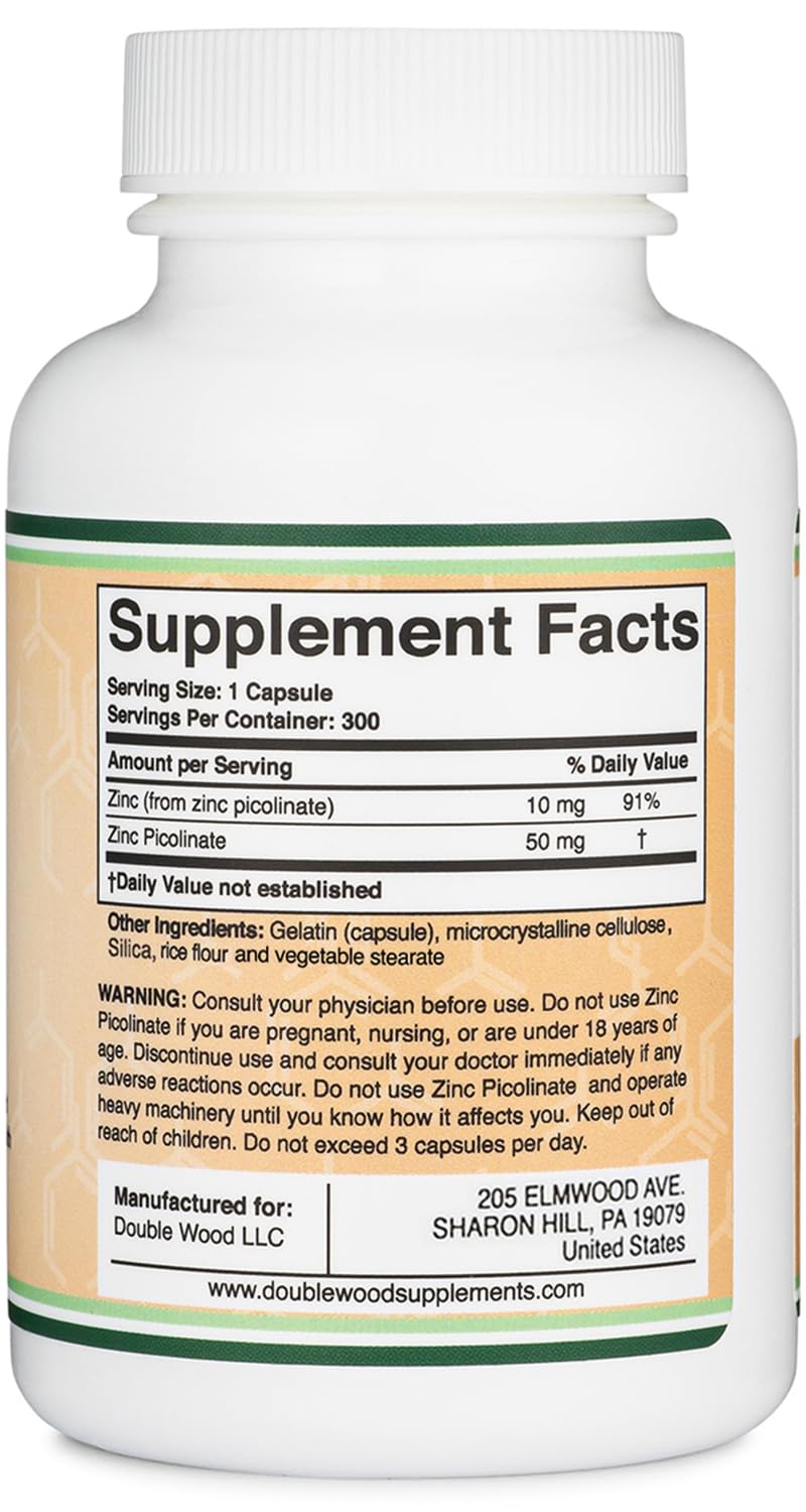 Zinc Picolinate 50mg, 300 Capsules (Immune Support) Non-GMO, Gluten Free (300 Day Supply) by Double Wood Supplements - BeesActive Australia