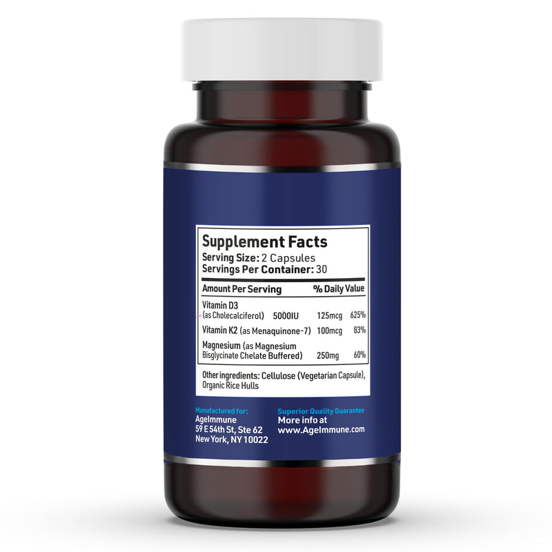 AgeImmune Brilliant D3+ Complex - 60 Capsules - 5000 IU Vitamin D3 + K2 + Magnesium Glycinate Supplement - Doctor Formulated for Immune & Bone Support - No Stearates, No Dioxides