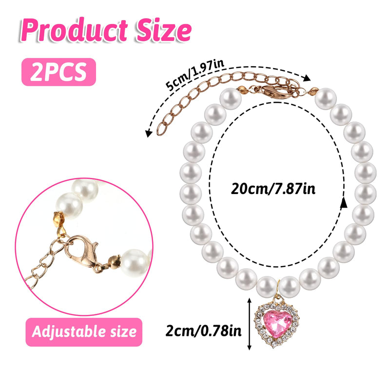 2 PCS Cat Dog Pearl Collar with Rhinestone Heart Pet Jewelry Small Heart Shape Rhinestone Pet Necklace, Adjustable Birthday Wedding Collar for Puppy Small Cats- White & Pink - BeesActive Australia