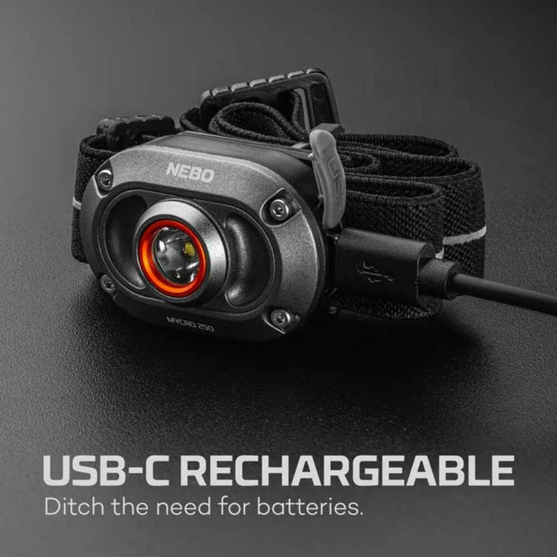 NEBO MYCRO 250 Rechargeable Headlamp | 250 Lumens, 3 Light Modes, Water Resistant, Adjustable Strap, Super Bright Head Lamp for Camping & Hiking, Includes USB Charging Cable — 2 Pack