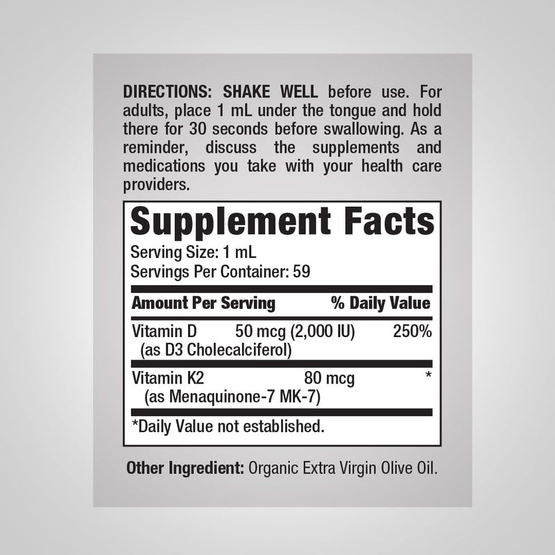 Piping Rock Vitamin D3 K2 Liquid Drops | 2 Fl Oz | with MK-7 | Extra Strength Supplement | Vegetarian, Gluten Free, Non-GMO