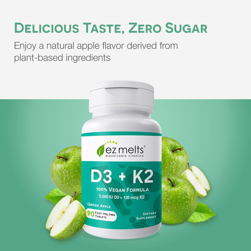 EZ Melts Dissolvable Vitamin D3 K2 5,000 IU, Bone & Joint Support, Sugar-Free, 3-Month Supply - 1 Pack 90 Count (Pack of 1)