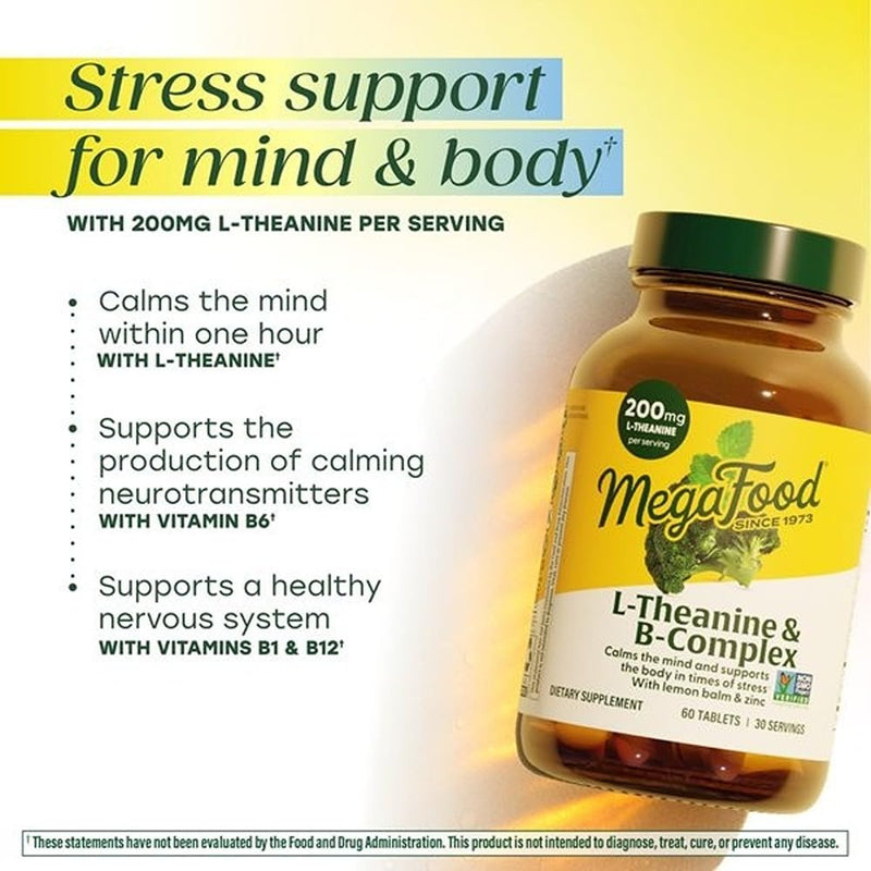 MegaFood L-Theanine 200mg & B Complex with Zinc & Lemon Balm, 60 Tablets | L Theanine Supplement & Vitamin B Complex of Methylated B12, B6, Methylfolate, Biotin, Stress Support, Vegan, 30 Servings