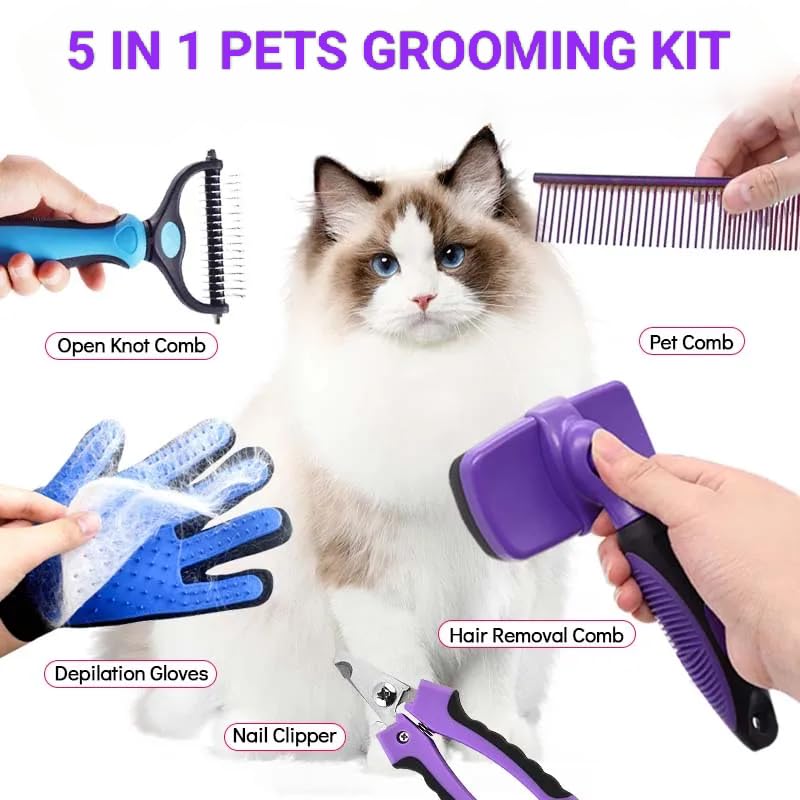 Pet Grooming Kit, 5-Piece Set, Purple and Blue, Includes Self-Cleaning Slicker Brush, Nail Clippers, Grooming Glove, Dematting Comb, Steel Comb - BeesActive Australia