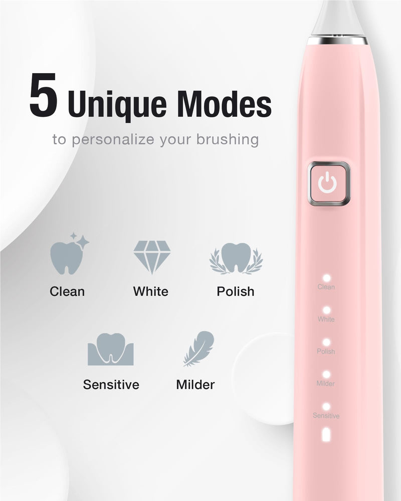 7AM2M Sonic Electric Toothbrush with 6 Brush Heads for Adults&Kids, One Charge for 120 Days, Wireless Fast Charge, 5 Modes, 40000VPM Powered Toothbrush, 2 Minutes Built in Smart Timer -Pink Pink