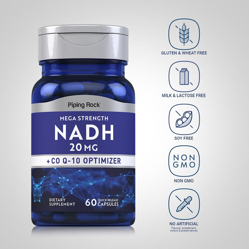 Piping Rock NADH Coq10 Supplement | 20 mg | 60 Capsules | Mega Strength | Non-GMO, Gluten Free