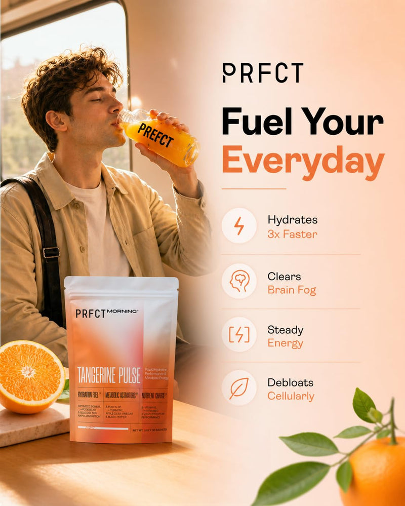 PRFCT Morning 3-in-1 Electrolyte Powder -15-Min Fast Hydration - Metabolism & Cortisol Support - 1,200mg Electrolytes - Vitamin C | B6 | B12 | Zinc | ACV | Turmeric - Orange Juice Flavor 30 Day Supply