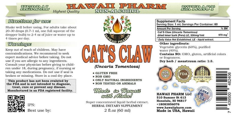 Hawaii Pharm Cat's Claw Alcohol-Free Liquid Extract, Cat's Claw (Uncaria Tomentosa) Dried Inner Bark Glycerite Natural Herbal Supplement 2 oz 2 Fl Oz (Pack of 1)
