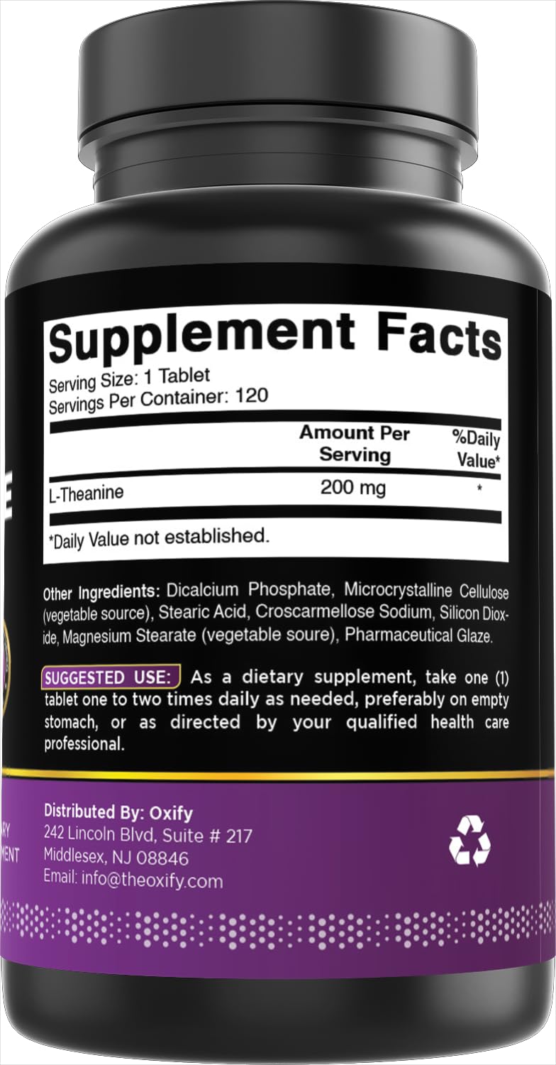 Oxify L- Theanine 200 mg | 120 Tablets | Gluten-Free, Non-GMO | Supplement Made in USA