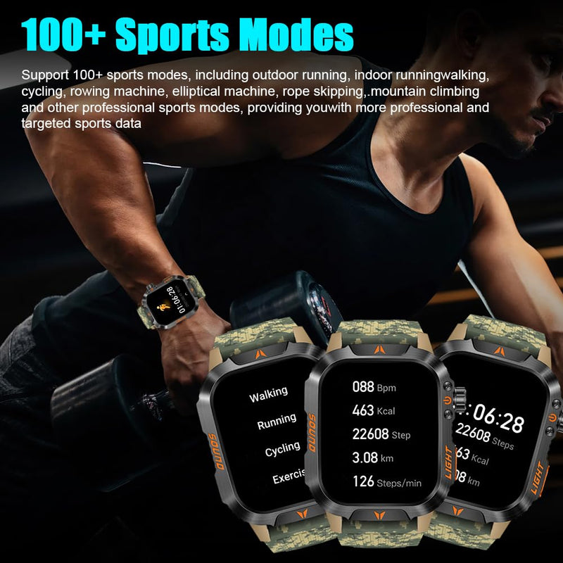 QTLLBT Military Outdoor Watch Altimeter Barometer Compass Tactical Smart Fitness Watch Heart Rate Sleep Monitor 100+ Sport Modes Fitness Available for Android and iOS (Camouflage Yellow) Camo Yellow - BeesActive Australia