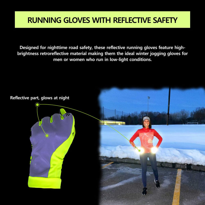 ReflecToes Reflective Winter Running Gloves - Touch Screen Compatible Warm Gloves -Thermal Fleece - Cold Weather Hi Vis Safety for Night Runs Yellow Medium