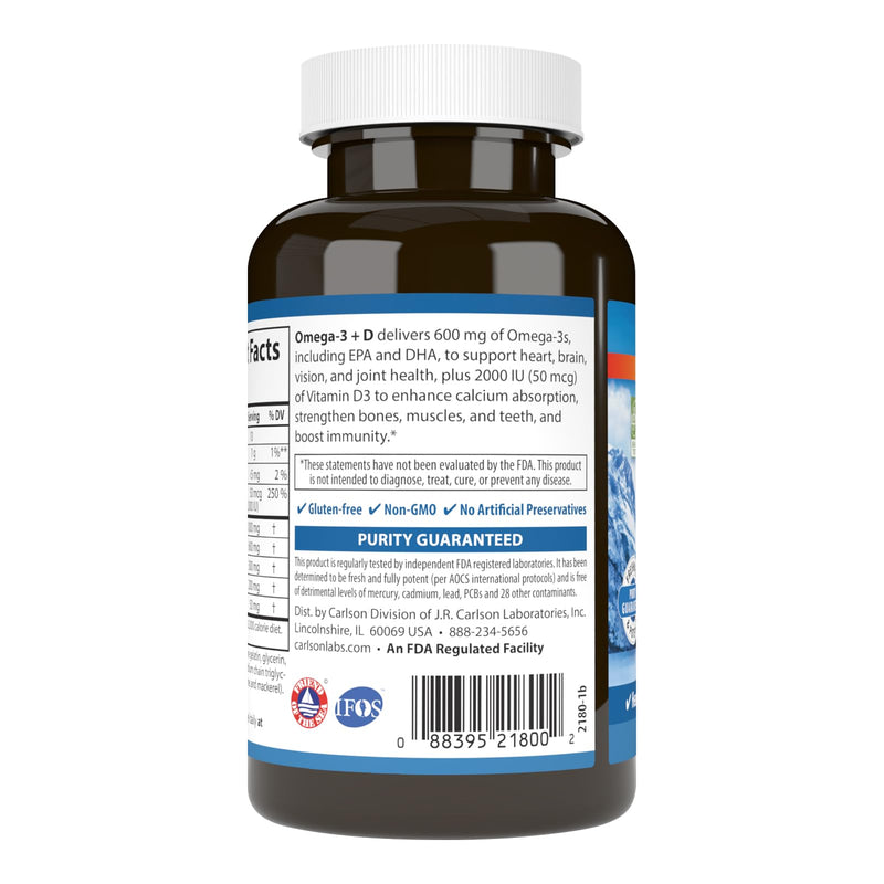 Carlson Omega-3 + D, 600 mg Omega-3s with EPA & DHA + 2,000 IU Vitamin D3, Wild-Caught Fish Oil, Norwegian-Sourced Omega-3 Supplement, Heart, Brain & Bone Support, 50 Soft Gels