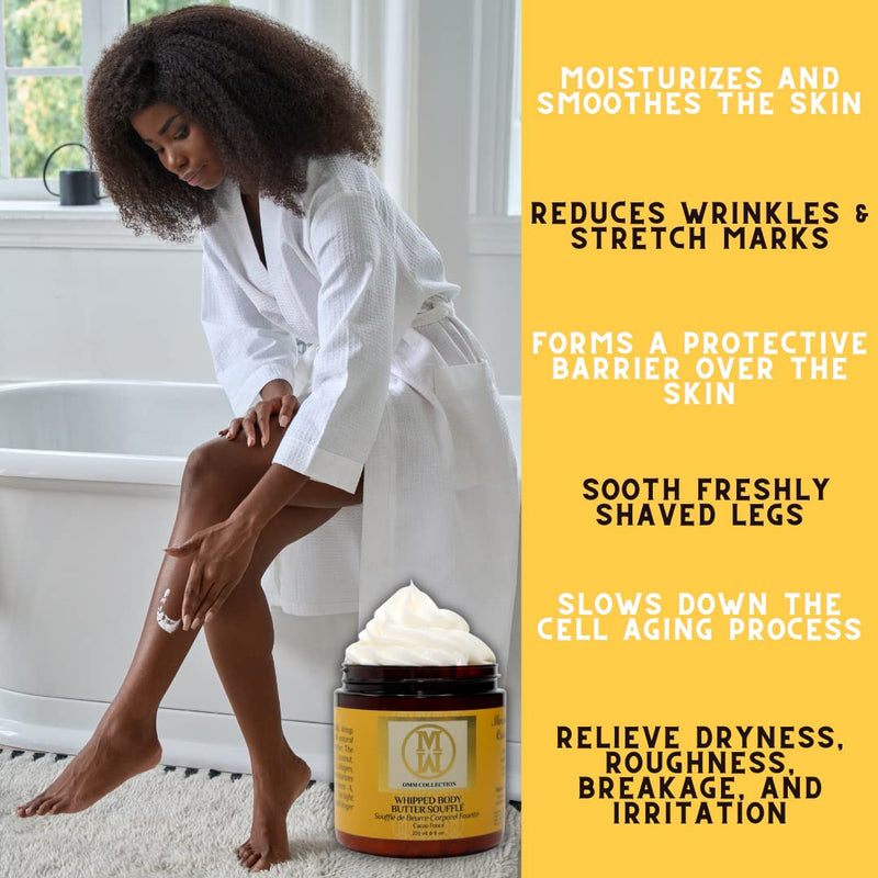OMM Collection Natural Whipped Body Butter Soufflé For Dry & damaged Skin - Whipped Shea Butter with Vitamin E & A, coconut oil, Mango Butter & Cacao Butter - Hydrating & Moisturizing Shea - Vegan Cacao Fonce