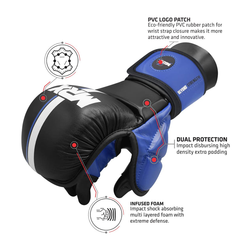 MMA Sparring Pro Gloves, with Open Ventilated Palm, Martial Arts Mitts Suitable for Men Women, Kara Cage Fighting, Combat Sports Training, Muay Thai, Punching Bag and Kickboxing Black/Blue S/M