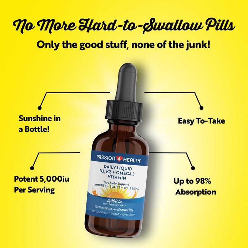 Passion 4 Health Organic Liquid Vitamin D3 K2 (Mk-7) + Omega 3 Supplement - Liquid Vitamin D Drops (5000IU) - Support for Healthy Bones and Muscles 1 Fl Oz (Pack of 1)