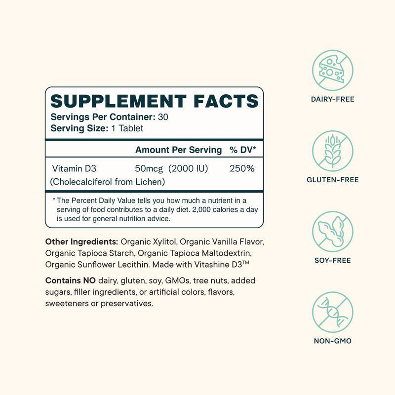 Ora Organic Vitamin D3 2000IU - Vegan Vitamin D Chewables from Lichen for Bone Health, Immune Support, & Mood | Maximum Absorption - 1 Month Supply, 30 Vegan Chewable Vanilla Tablets 30 Count (Pack of 1) Organic Tablets - 2000 IU