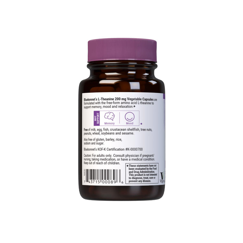 BlueBonnet Nutrition L-Theanine 200 mg, 30 Vegetable Capsules | Non-GMO, Vegan, Gluten-Free 30 Count (Pack of 1)