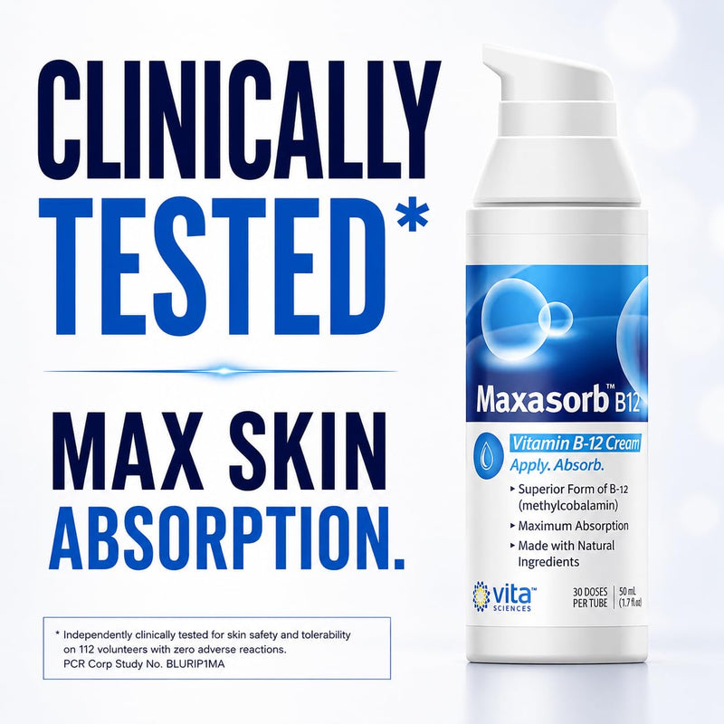 Vita Sciences Methylcobalamin Maxasorb Vitamin B12 Cream - 1.7 Oz | Fast-Absorbing Topical Cream Delivers 1,000 mcg Bioactive Methylcobalamin B12, Supports Healthy Skin Paraben-Free Metabolism 1.7 Fl Oz (Pack of 1)