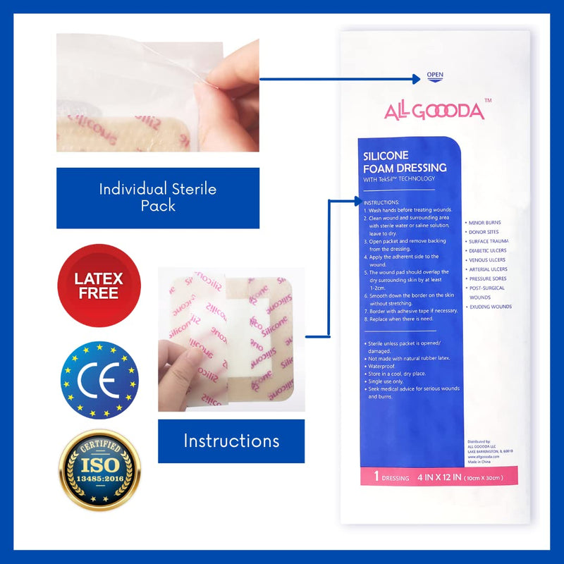 Silicone Foam Dressing 4”x12”[10 Pack] Post-Op Gentle Adhesive Border for Surgical Wound Care, Incision, Sacrum, Pressure Sore, Diabetic Ulcer, Extra Long Large Wound Bandage