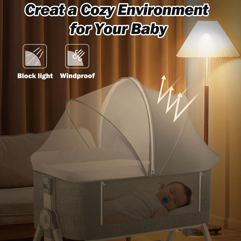Bassinet Cover for Baby, Blockout Mosquito Net Cover with 2-Way Zipper, Portable Bassinet Canopy Cover for Cats to Keep Pet Out, Bug Net Cover for Bedside Sleeper Gray