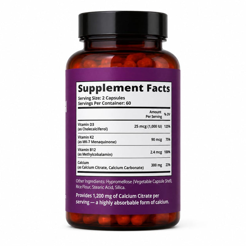Calcium 1200 mg with Vitamin D3, Calcium Supplements for Women 55+ | High Absorption & Gentle Calcium Citrate with D3 K2 & Active B12 - Bone Density & Health, Non-GMO, Vegan, 120 Capsules