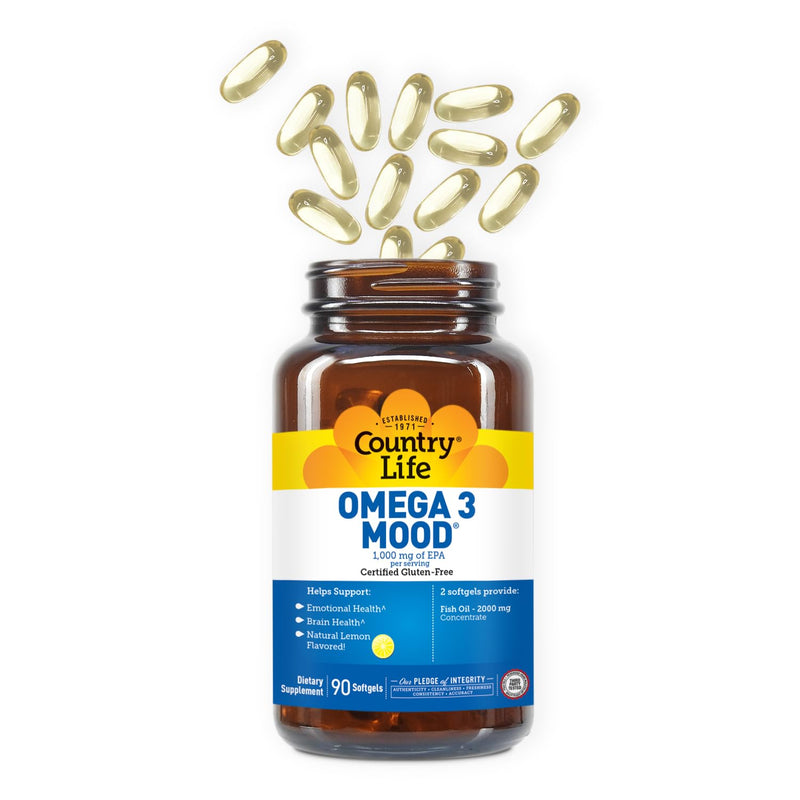 Country Life Omega 3 Mood Fish Oil, 2000mg, 90 Softgels | EPA & DHA for Brain, Heart & Mood Support, Lemon Flavor, No Fishy Aftertaste, Gluten Free, Non-GMO