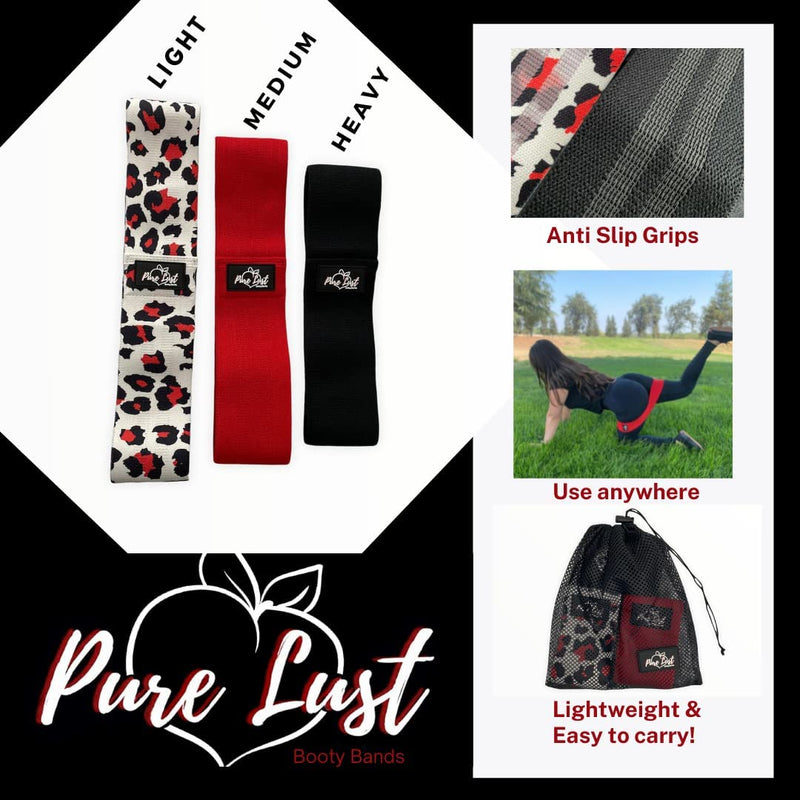 Pure Lust Booty Bands,Resistance Bands,Glute Bands,Fabric Workout Bands,Exercise Bands,Hip Bands,Red,Black,Leopard,Light,Medium & Heavy Resistance