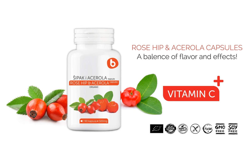 b Natural RoseHips & Acerola Capsules - Plant Based Vitamin C 1000mg from Acerola Cherry Powder & Rosehip Powder - Without Ascorbic Acid - Supports Immune Health - GMO Free - 90 Vegan Capsules