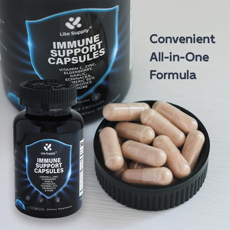 Immune Support Capsules, 10-in-1 Powerful Blend of Vitamin C, E, B6, Zinc, Elderberries, Garlic Bulb, Echinacea, Turmeric Advanced, Immune Defense for Adults