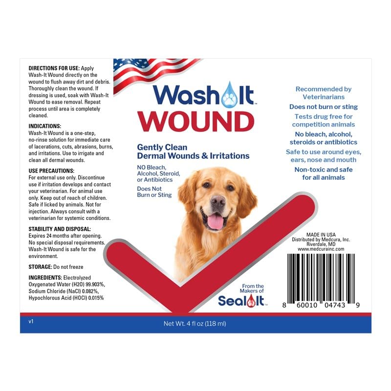 Wash-It Wound Cleanser for Pets | Dog Wound Care with Hypochlorous Acid to Clean Wounds, Cuts, Burns & Irritation | US-Made Wound Cleanser for Dogs & All Animals (4oz) - BeesActive Australia