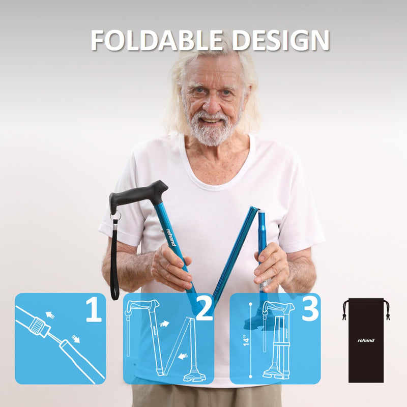REHAND Walking Cane for Men & Women - Foldable, Adjustable, Lightweight, Self Standing Pivot Walking Cane, Soft Handle Grip, with Travel Bag, Walking Sticks for Seniors & Adults Black - BeesActive Australia