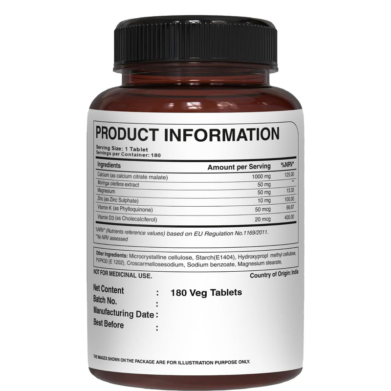 Pure Nutrition Ultra Calcium Citrate 1000mg Highly absorbable Calcium Supplement with Calcium Citrate Malate, Vitamin D, Zinc and Magnesium - 1 Tablet Daily (180 Veg Tabs) Non-GMO | Gluten-Free 1 Count (Pack of 1)