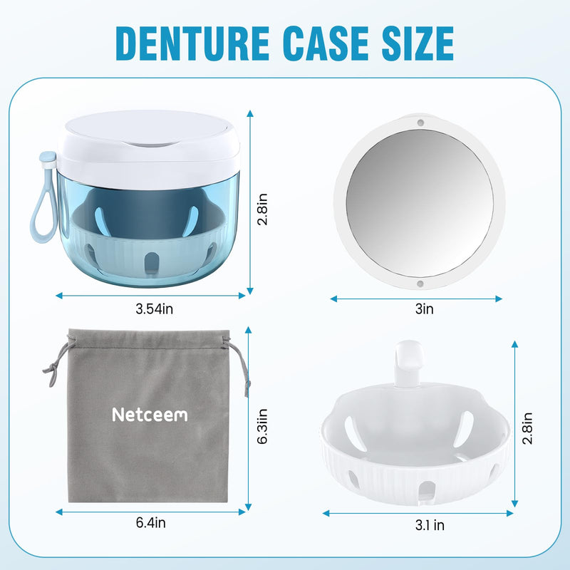 Denture Bath Box Cup, Leak Proof Denture Cup Kit Portable Retainer Case for Travel, Denture Case Cleaning Care for Dentures Aligner Mouth Guard with Denture Brush,Strainer, Removal Tool and Mirror White