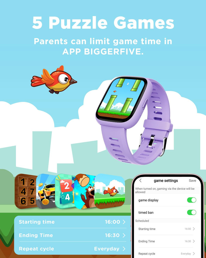BIGGERFIVE Smart Watch for Kids, 1.8" Fitness Tracker Watch Pedometer, Heart Rate, IP68 Waterproof, Sleep Monitor, Calorie Step Counter, 5 Puzzle Games with/Without APP for Girls Teens 5-16 Lilac - BeesActive Australia