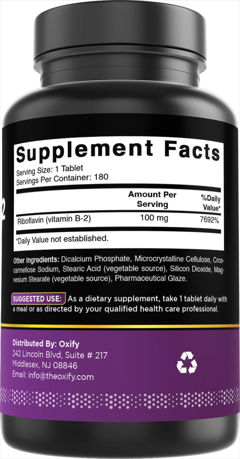 Oxify B2 (Riboflavin) 100 mg, 180 Tablets | Gluten-Free, Non-GMO, Made in USA