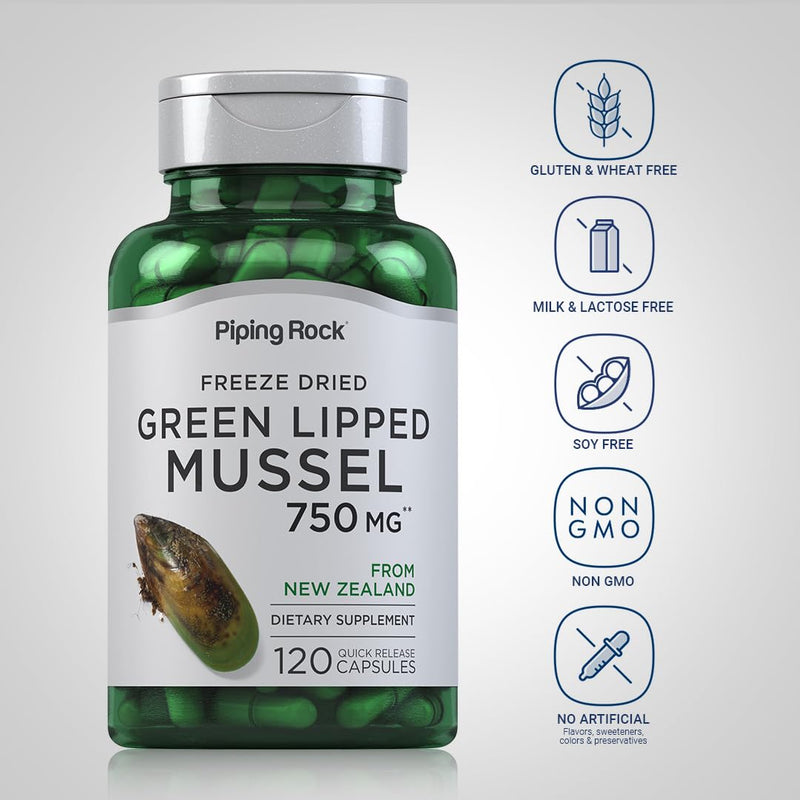 Piping Rock Green Lipped Mussel | 120 Capsules | Supplement for Humans | Freeze Dried from New Zealand | Non-GMO, Gluten Free 120 Count (Pack of 1)