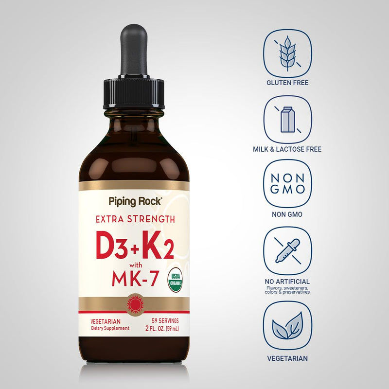Piping Rock Vitamin D3 K2 Liquid Drops | 2 Fl Oz | with MK-7 | Extra Strength Supplement | Vegetarian, Gluten Free, Non-GMO
