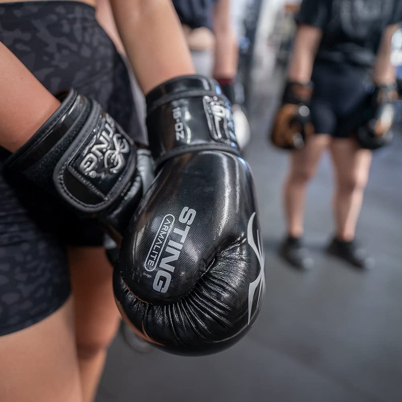 STING Armalite Boxing Gloves - Pro-Grade Tech Gear with Hi Flow Core - Ideal for Boxing, MMA & Muay Thai -10 Oz, Black/Silver - Men & Women - BeesActive Australia